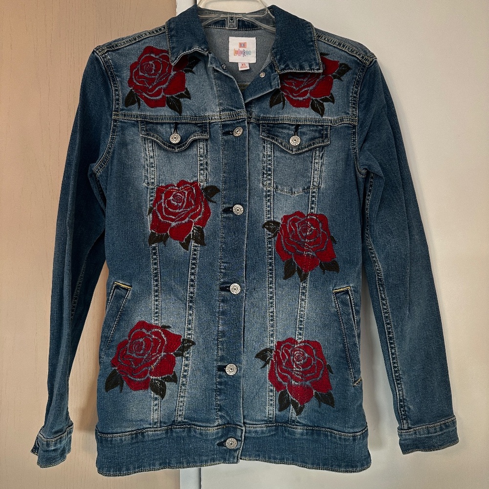 LulaRoe XS Small Blue Jean Jacket w Embroidered Roses